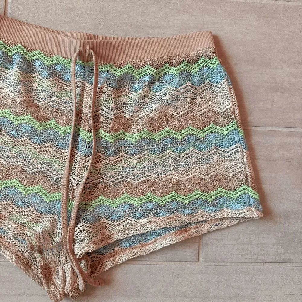 Wild Fable Crochet Cover Up Shorts Multi Striped Pastel Pull On Drawstring Small